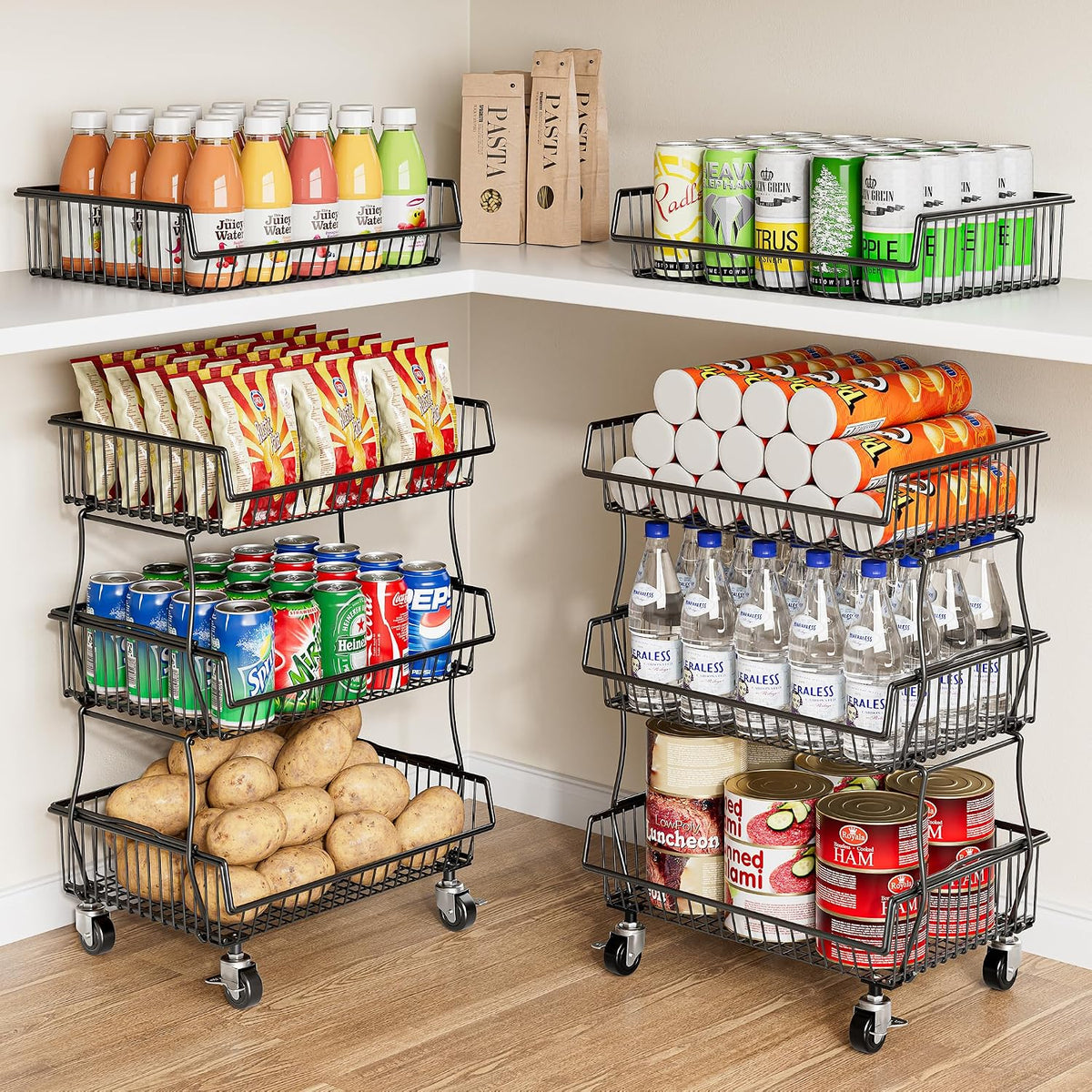 OKZEST 3-Tier Rolling Pantry Floor Organizer and Storage Cart with Wheels, Stackable Wire Pantry Baskets for Pantry Shelves, Kitchen Storage Rack and Fruit Basket Stand for Fruit Snack Onion Potato