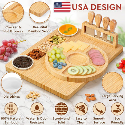 Charcuterie Boards Cheese Board Premium Gift Set - 23 Pieces, Bamboo - Large Size Plus Fruit Tray with Utensil Drawer, Knives, Forks, Wine Opener for Birthday Present, Housewarming, Wedding Shower