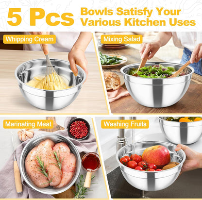 TeamFar Mixing Bowls, Stainless Steel Salad Serving Bowl with Clear Lids & 3 Graters, For Kitchen Cooking Prepping Storing, Size 4.6/2.6/1.5/1/0.7 QT, Nesting & Airtight, Set of 5 & Khaki