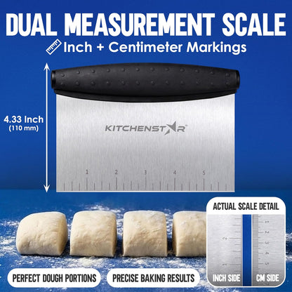 KitchenStar Dough Scraper 6-inch, Stainless Steel Bench Scraper with Measurement Markings & Non-Slip Handle, Pastry Cutter for Bread, Pizza & Vegetables, Dishwasher Safe