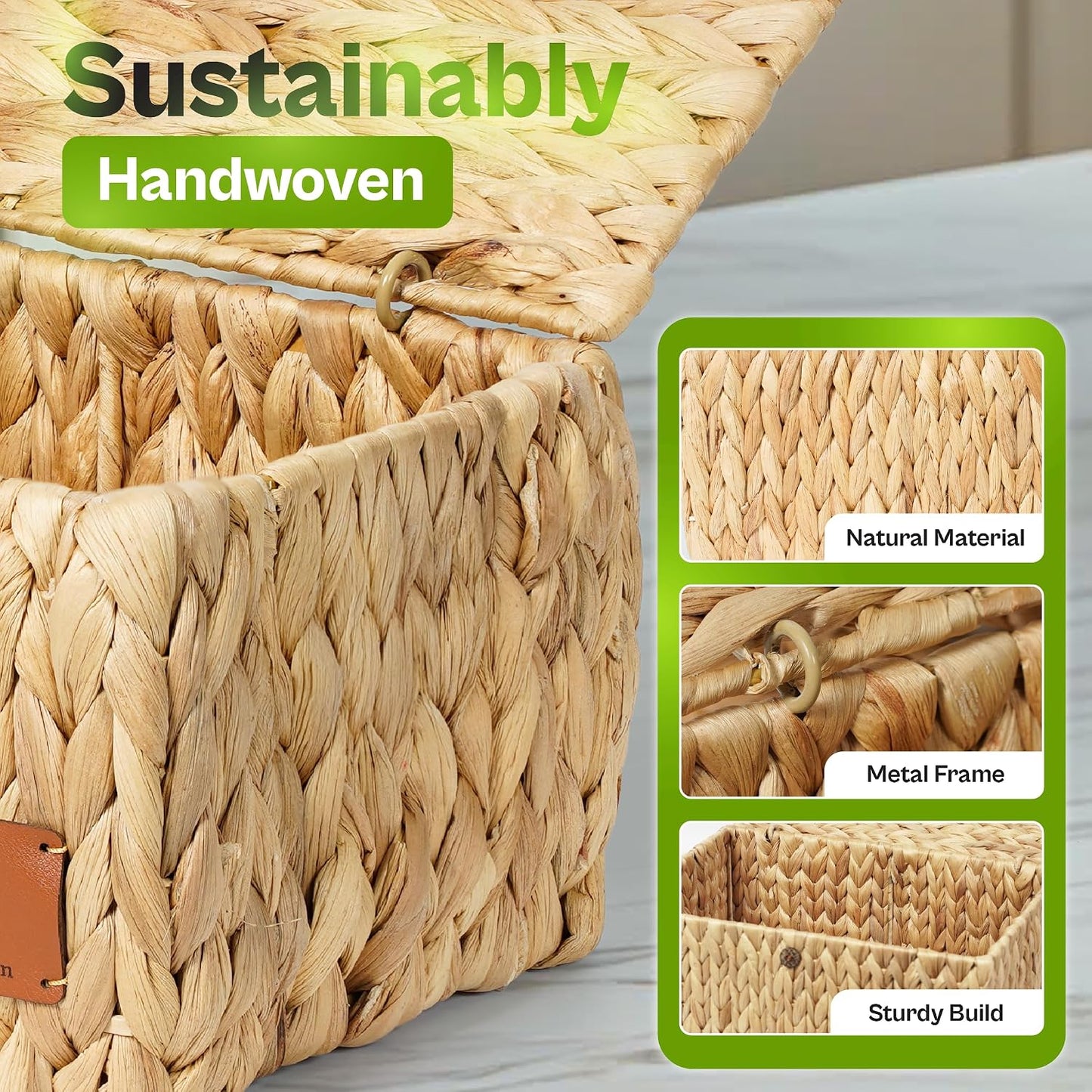 Storage Baskets for Shelves Set of 3, Open-Top Wicker Storage Bins with Handles, Shelf Organizer Baskets for Pantry, Closet & Bathroom, Water Hyacinth Baskets with Tissue Box Cover