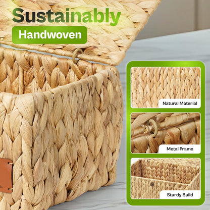 Storage Baskets for Shelves Set of 3, Open-Top Wicker Storage Bins with Handles, Shelf Organizer Baskets for Pantry, Closet & Bathroom, Water Hyacinth Baskets with Tissue Box Cover