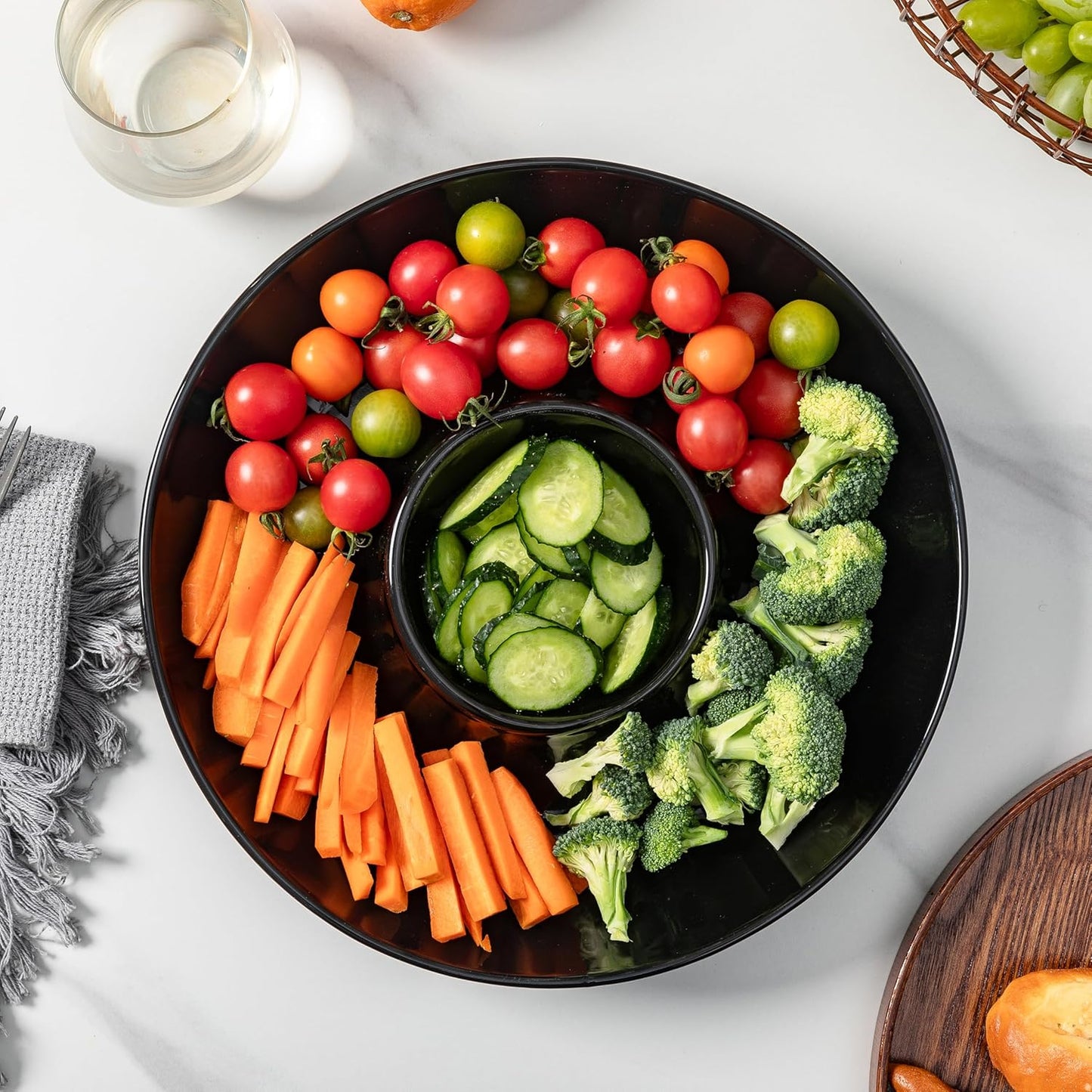 LEHAHA 12.25 inch porcelain Chip and Dip Serving Set, Ceramic Platters for Cheese, Appetizers &Chips Salsa, Fruit and Veggies, Divided Serving Trays for Family Gathering and Parties, Dark Creamy