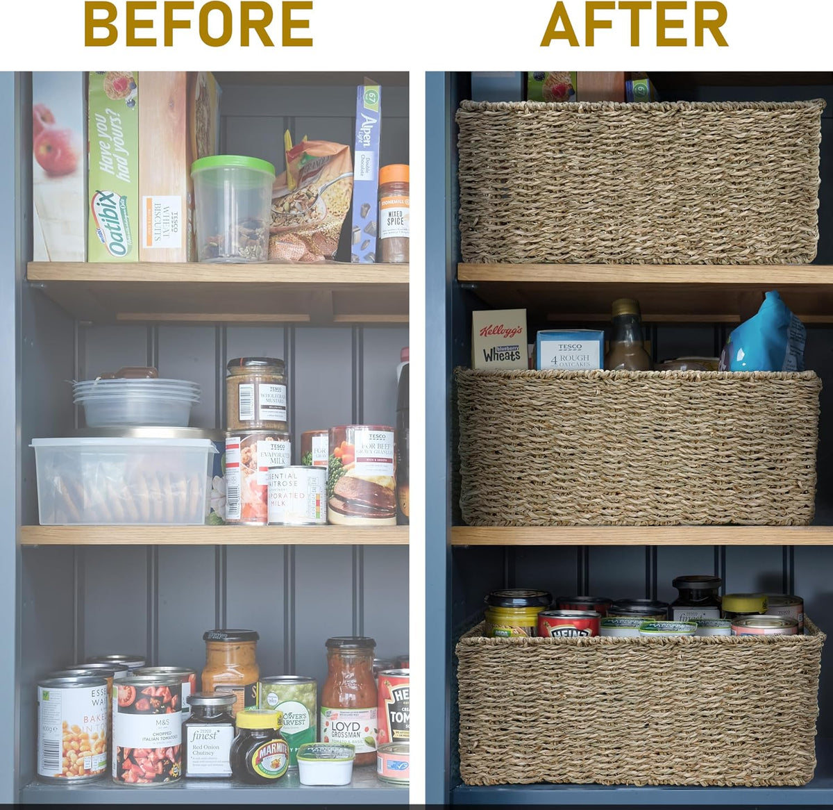 2-Pack Handwoven Water Hyacinth Storage Baskets with Handles, Wicker Bins for Pantry Organization, Shelf or Closet Organizer, Decorative Boho Rectangular Basket 13.5" x 8"
