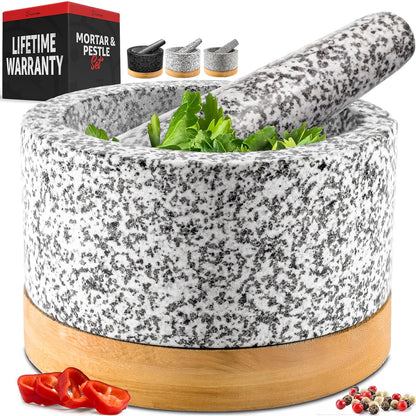 PriorityChef Heavy Duty Mortar and Pestle Set with Bamboo Base, 100% Natural Granite Stone Grinder, Guacamole Bowl and Masher, 1.5 Cups, Black