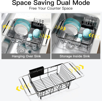 JASIWAY Dish Drying Rack in Sink, Expandable Stainless Steel Dish Drainers for Kitchen Counter, Dish Dryer Rack for Inside Sink, Over The Sink Dish Racks with Utensil Holder, Silver