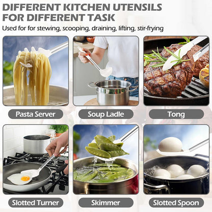 HaWare 29 PCS Silicone Cooking Utensils Set, Heat Resistant Kitchen Utensils Set with Stainless Steel Handle, Spatula Sets with Holder and Hooks, Kitchen Tools Gadgets for Nonstick Cookware -Khaki