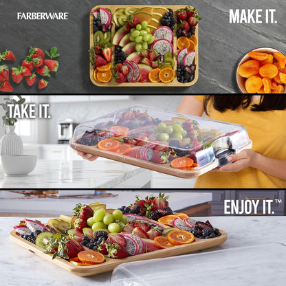 Farberware Build-A-Board Bamboo Cutting Board with Built-In Compartments & Clear Locking Lid, Black Handles, Charcuterie, Snack Tray, Food Prep and Serving Platter