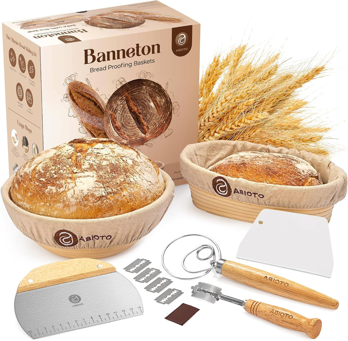 ABIOTO Banneton Baskets with Sourdough Bread Baking Supplies