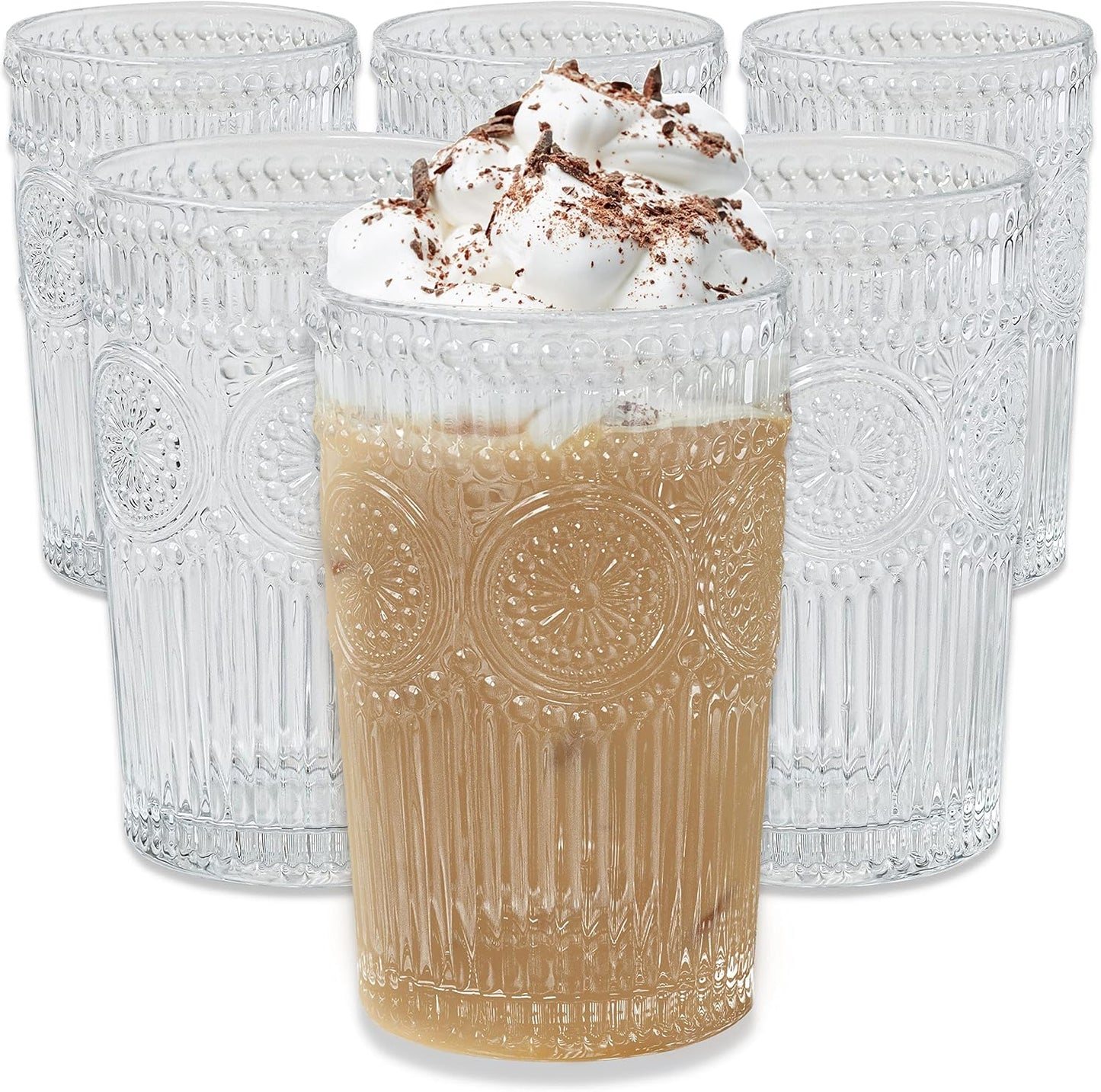 Kate Aspen Vintage Textured Aqua Blue Striped Drinking Glasses Set of 6-13 oz Ribbed Glassware with Flower Design | Cocktail Set, Juice Glass, Water Tumbler