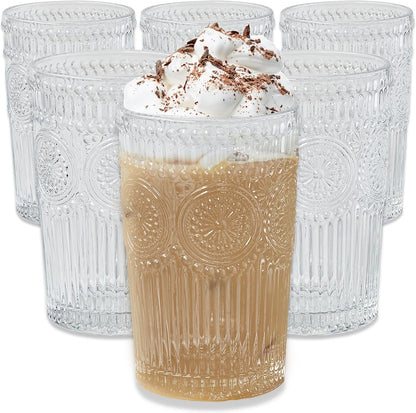 Kate Aspen Vintage Textured Aqua Blue Striped Drinking Glasses Set of 6-13 oz Ribbed Glassware with Flower Design | Cocktail Set, Juice Glass, Water Tumbler