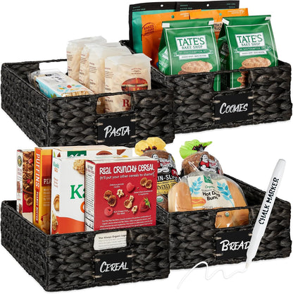 Best Choice Products Set of 4 9x12in Water Hyacinth Pantry Baskets, Woven Organizers w/Chalkboard Label, Chalk Marker - Natural