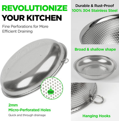 Premium 18/8 304 Stainless Steel Micro-Perforated Small and Big Colander Set of 4 with rings - 3.5-5.5-7.5-9.5 Quart Set, Self-Draining Solid Base for Pasta, Fruits, Vegetables