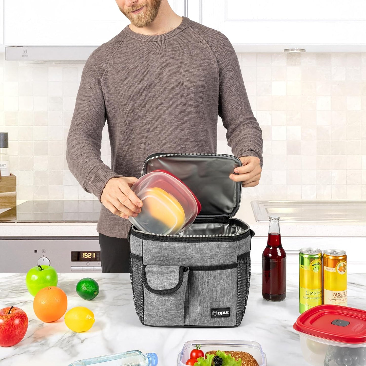 opux Insulated Lunch Bag for Men Women, Leakproof Black Lunch Box for Work, Portable Soft Lunch Cooler Bag with Shoulder Strap, Adult Lunchbox Lunch Pail for Kid Boy Girl School, 14 Can/8L