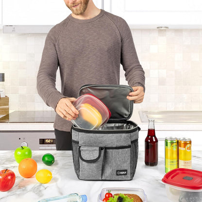 opux Insulated Lunch Bag for Men Women, Leakproof Black Lunch Box for Work, Portable Soft Lunch Cooler Bag with Shoulder Strap, Adult Lunchbox Lunch Pail for Kid Boy Girl School, 14 Can/8L