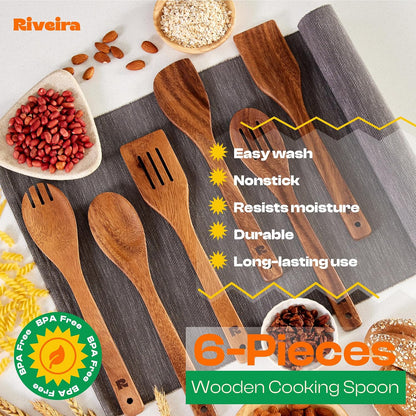 Riveira Dark Bamboo Wooden Spoons for Cooking 6-Piece, Apartment Essentials Wood Spatula Spoon Nonstick Kitchen Utensil Set Premium Quality Housewarming Gifts for Everyday Use