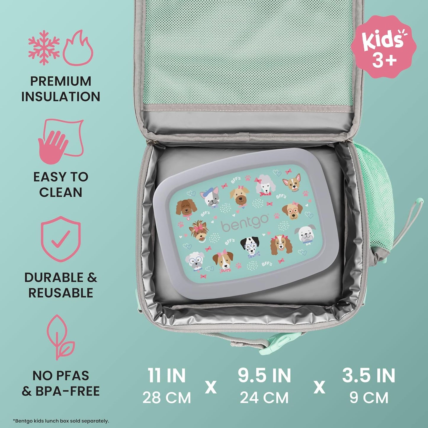 Bentgo Kids Lunch Bag - Durable, Double-Insulated Lunch Bag for Kids 3+; Holds Lunch Box, Water Bottle, & Snacks; Easy-Clean Water-Resistant Fabric & Multiple Zippered Pockets (Mermaid)