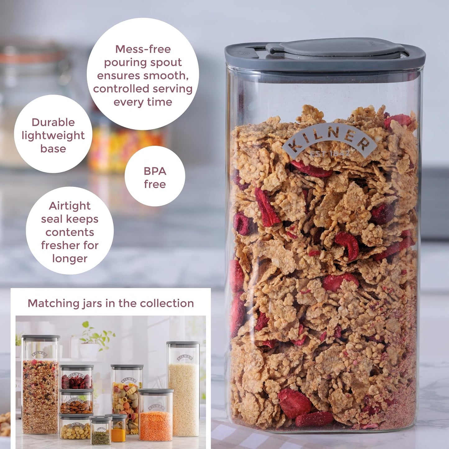 Kilner 3 Litre Glass Cereal Dispenser | Storage Jar with Airtight Glass & Silicone Lid | Easy-Pour Spout for Mess-Free Serving | Food Dispenser for Cornflakes, Beans, Granola and Pet Food