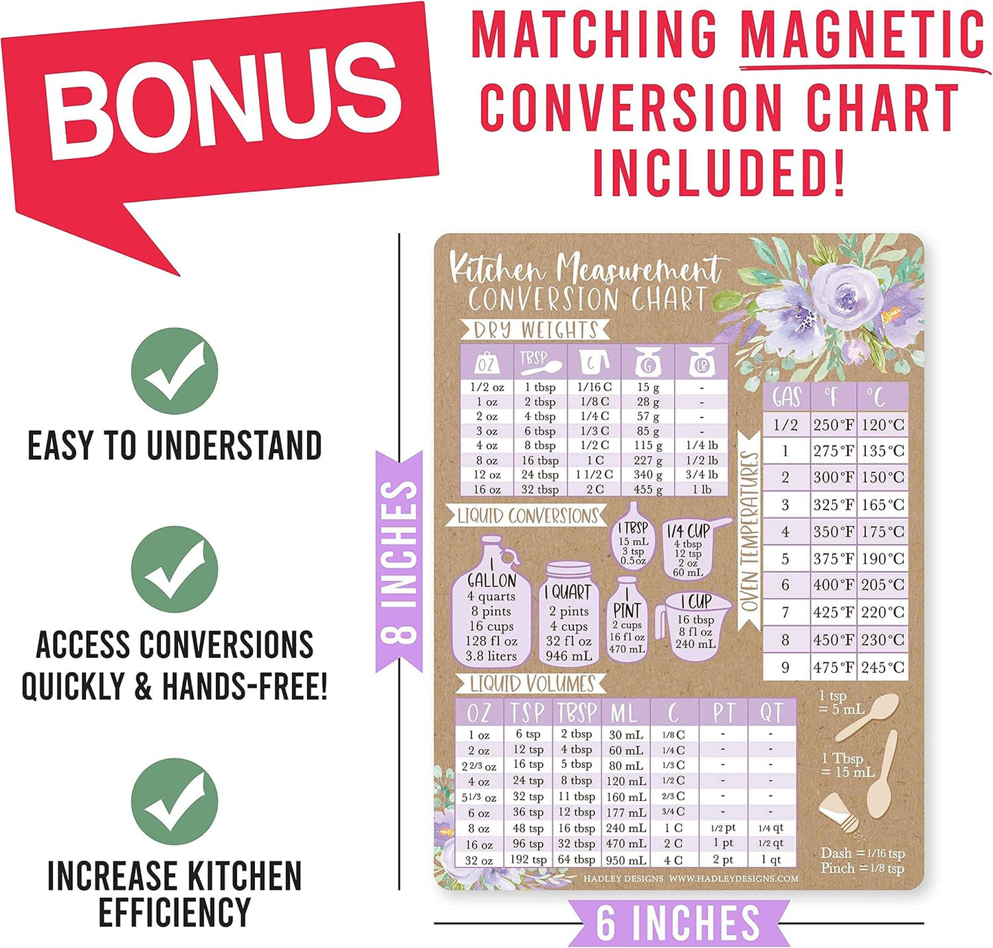 Hadley Designs Weekly Meal Planner and Dry Erase Board for Refrigerator-Floral Magnetic Weekly Menu Board for Kitchen Conversion Chart, Magnetic Meal Planner for Refrigerator