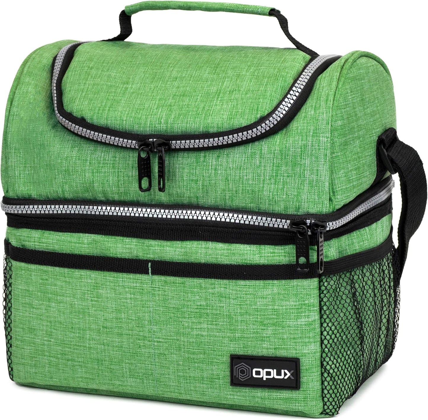 opux Insulated Lunch Bag for Men Women, Double Decker Leakproof Lunch Box Cooler Tote with Shoulder Strap, Large Lunchbox for Work School Travel Meal Prep, Adults Kids Boys Girls, Green, 16 Cans