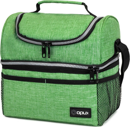 opux Insulated Lunch Bag for Men Women, Double Decker Leakproof Lunch Box Cooler Tote with Shoulder Strap, Large Lunchbox for Work School Travel Meal Prep, Adults Kids Boys Girls, Green, 16 Cans