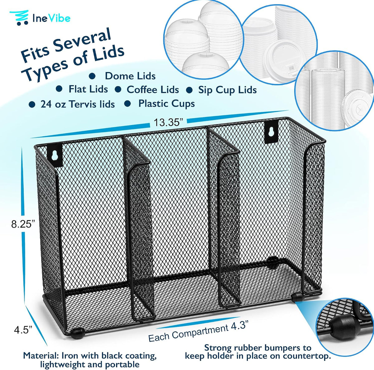 IneVibe Lid Organizer Holder for Plastic Lids and Cups, 3 Compartments