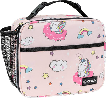 opux Insulated Lunch Bag Kids, Lunch Box for School Boy Girl, Leakproof Small Reusable Compact Soft Mini Cooler Bag, Toddler Small Lunch Boxes Kit Pail with Front Side Pockets (Purple)