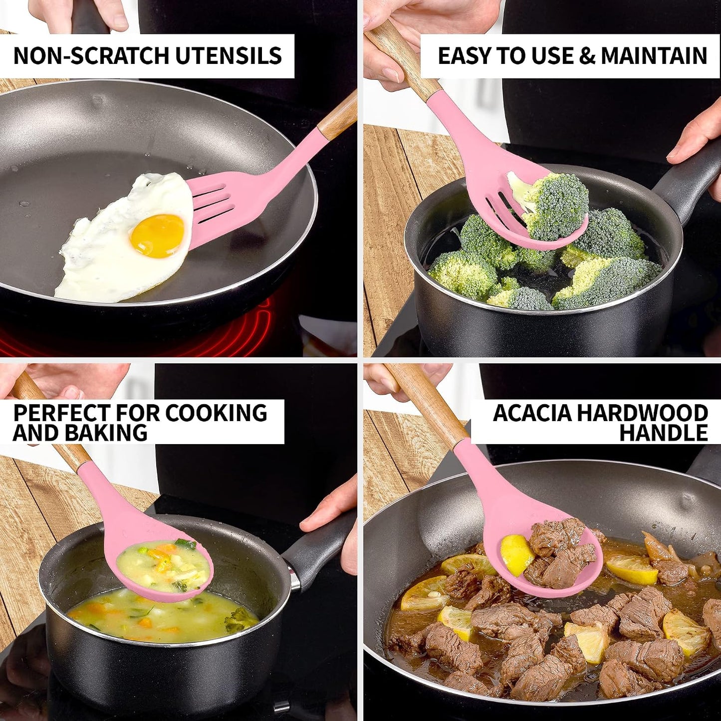 Zulay Kitchen Utensils Set Non-Stick Silicone Cooking Utensils Set with Authentic Acacia Wood Handles - 5 Piece Silicone Utensil Set - Kitchen Utensils Set with 464°F Heat Resistance - Gray