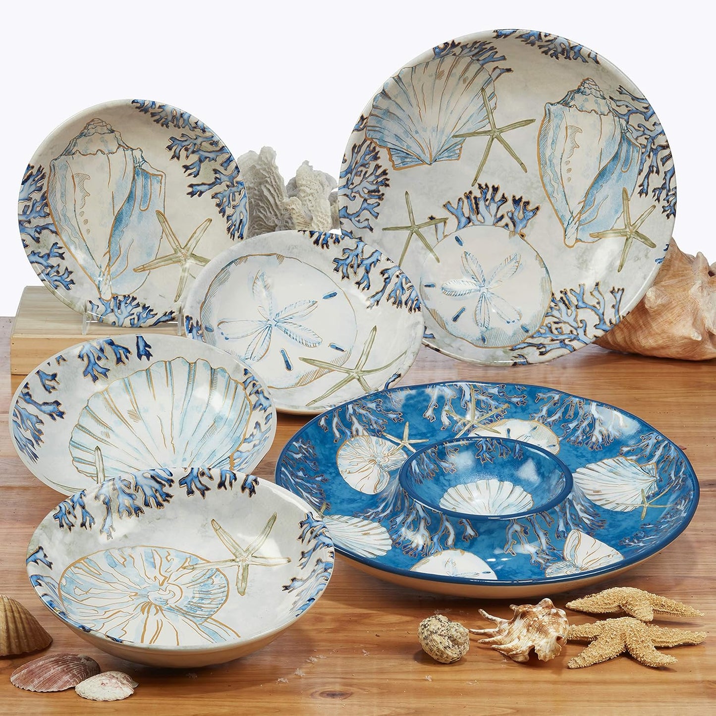 Playa Shells Coastal Ceramic Chip & Dip Platter – 13.5" Ocean-Themed Party Server for Chips, Veggies, Fruit, Crackers, and Appetizers