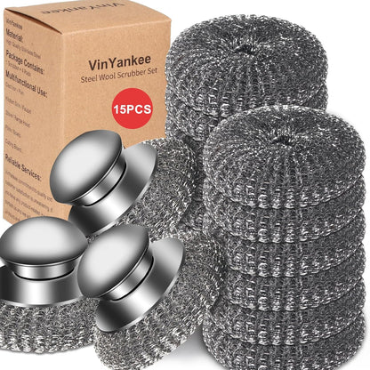 5Pcs Steel Wool Scrubber with Replacement Wire Sponge Pads Set, Stainless Steel Scrubber with Handle for Scouring Stubborn Messes from Cast Iron, Pots, Pans, Grill, Stoves, Sink(1 Scrubber+4 Pads)