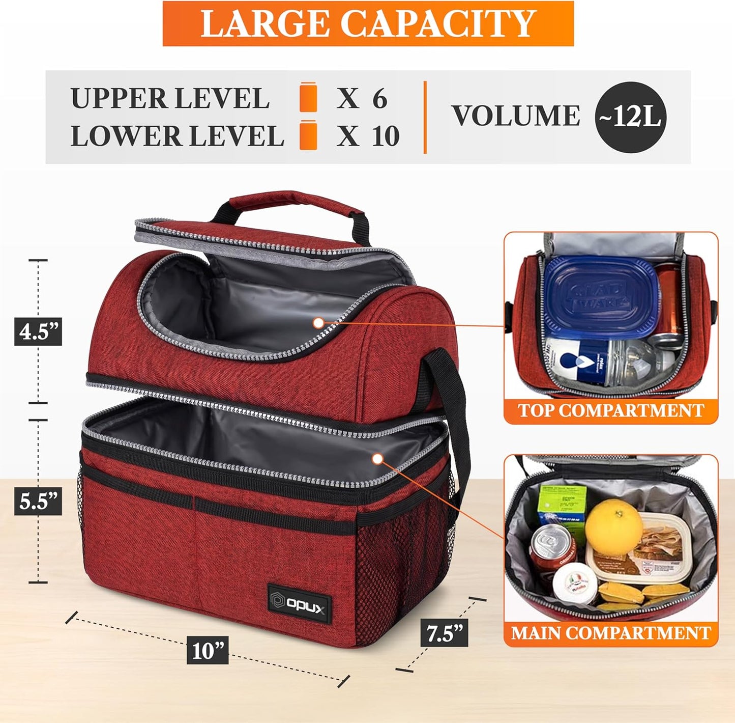 opux Insulated Lunch Bag for Men Women, Double Decker Leakproof Lunch Box Cooler Tote with Shoulder Strap, Large Lunchbox for Work School Travel Meal Prep, Adults Kids Boys Girls, Green, 16 Cans