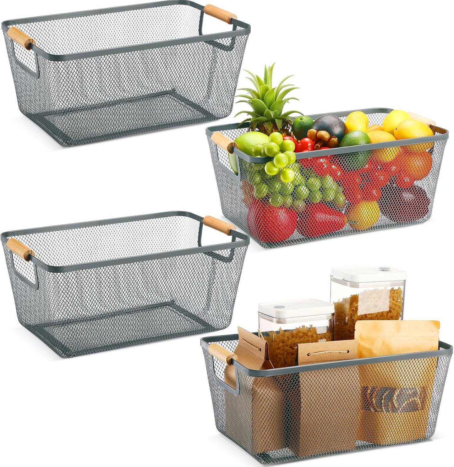 Ziliny 4 Pcs Metal Mesh Wire Baskets with Wooden Handles for Organizing, Pantry Organizers and Storage Steel Bin Kitchen Baskets for Fruit Potato Onion Snacks Bathroom Cabinet(Medium,Cream White)