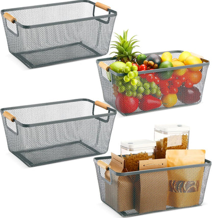 Ziliny 4 Pcs Metal Mesh Wire Baskets with Wooden Handles for Organizing, Pantry Organizers and Storage Steel Bin Kitchen Baskets for Fruit Potato Onion Snacks Bathroom Cabinet(Medium,Cream White)