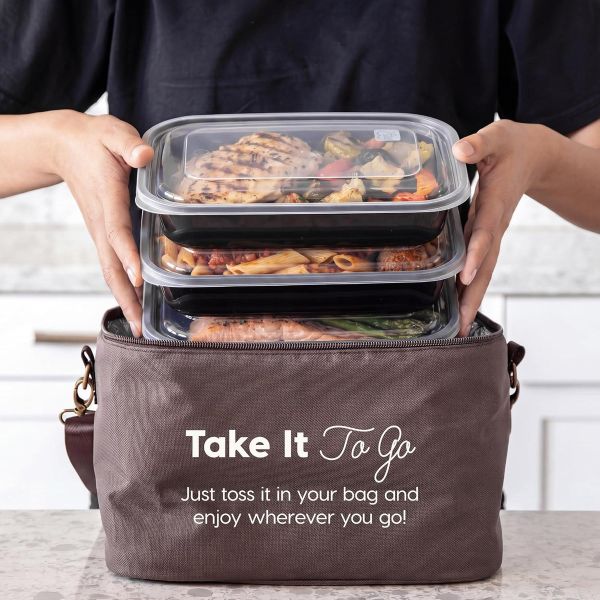 IRIS USA Meal Prep Containers, 36oz - 50 Pack (100-Piece) 3-Compartment Reusable Food Storage Containers with Lids, Plastic Kitchen Food Prep To Go Lunch Box, Microwave Freezer Dishwasher Safe, Black