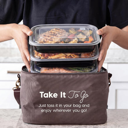 IRIS USA Meal Prep Containers, 36oz - 50 Pack (100-Piece) 3-Compartment Reusable Food Storage Containers with Lids, Plastic Kitchen Food Prep To Go Lunch Box, Microwave Freezer Dishwasher Safe, Black