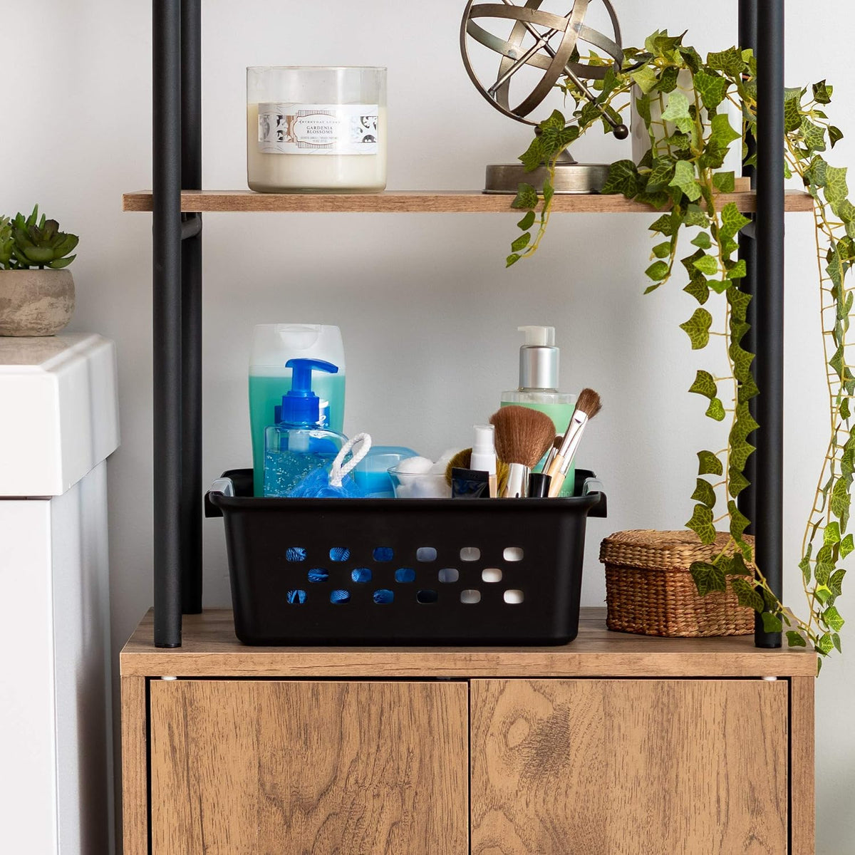 IRIS USA Plastic Storage Baskets, 6-Pack, Made in USA, Shelf Baskets Small Baskets Organizing Bins for Pantry Countertops Closet Shelves Laundry Room Office, Multi-Purpose, Nestable, Easy Carry, Black
