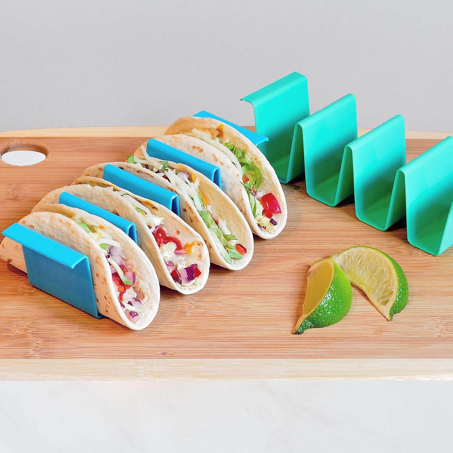Youngever 8 Pack Plastic Taco Holder Stand, Dishwasher Top Rack Safe, Microwave Safe, Set of 8 Assorted Colors (Coastal)