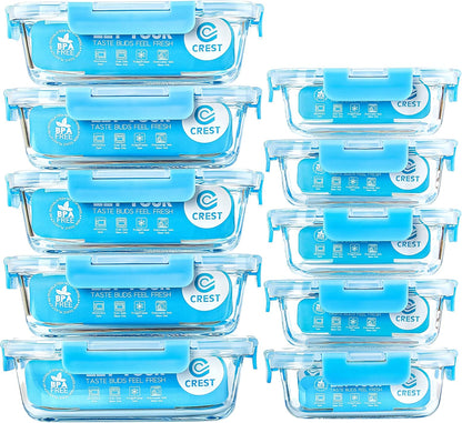 C CREST [10 Pack] Glass Meal Prep Containers, Food Storage Containers with Lids Airtight, Glass Lunch Boxes, Microwave, Oven, Freezer and Dishwasher Safe