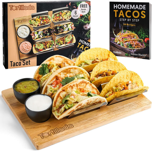 Tortillada - Taco Holders Set of 2 / Taco Holder Stainless Steel with Wooden Serving Tray incl. 2 Ceramic Dip Bowls + Recipe Book