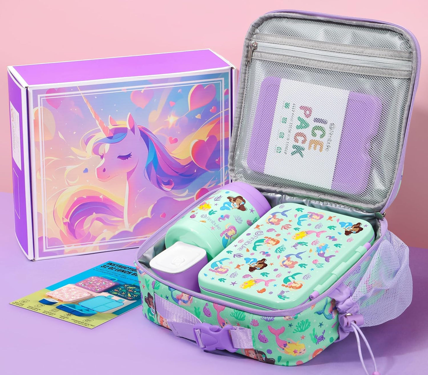 Fimibuke Bento Lunch Box for Kids with Food Jar, 3-Compartment 32OZ Snack Lunch Container, Lunch Bag, 12OZ Insulated Food Jar & Ice Pack Set for Age 3-12 School Daycare Toddler Teen Girls Boy, Fairies