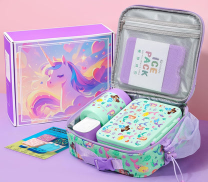 Fimibuke Bento Lunch Box for Kids with Food Jar, 3-Compartment 32OZ Snack Lunch Container, Lunch Bag, 12OZ Insulated Food Jar & Ice Pack Set for Age 3-12 School Daycare Toddler Teen Girls Boy, Fairies