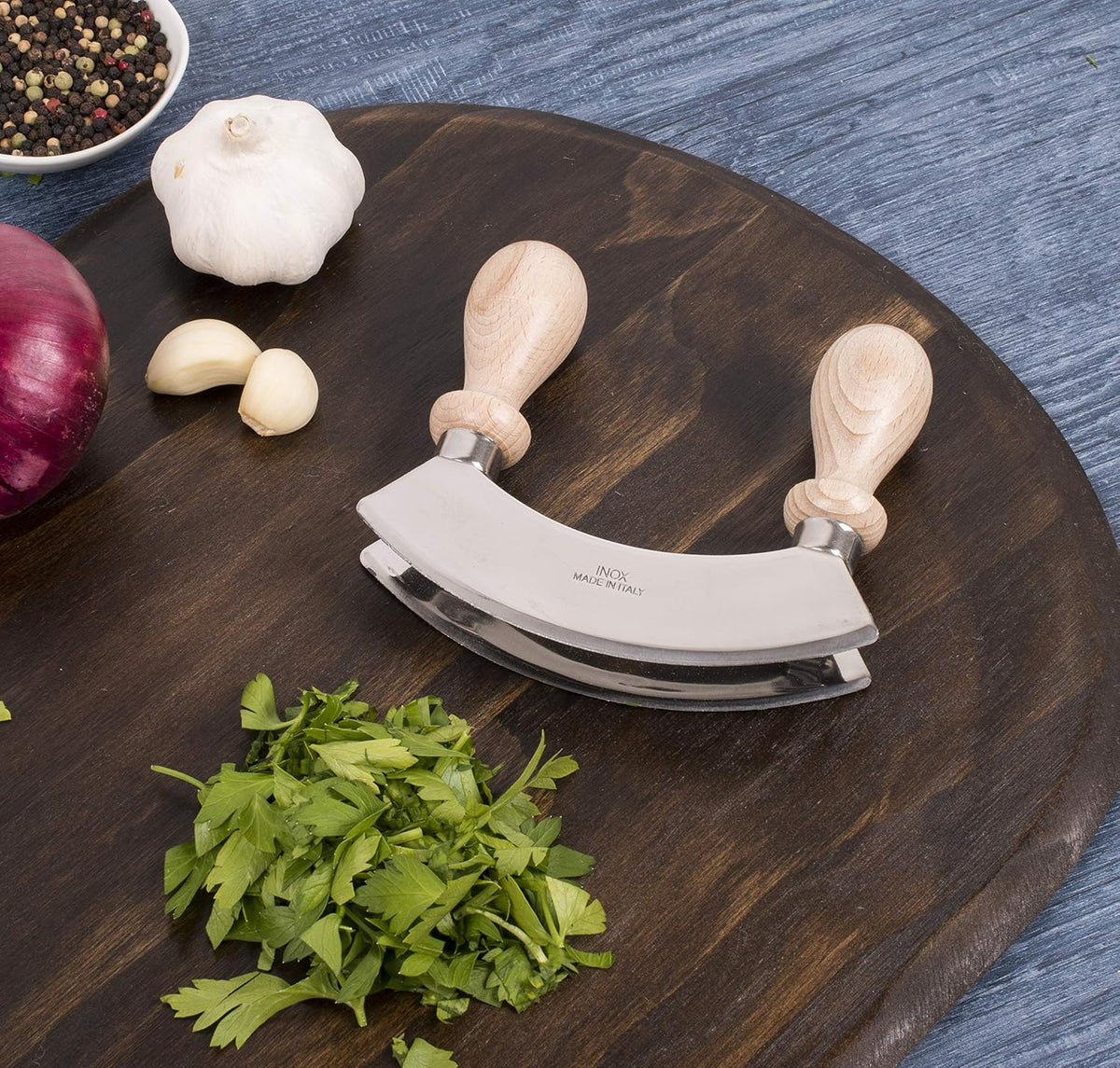Fantes Mezzaluna Rocking Chopper, Stainless Steel Blade with Beechwood Handles, 9.5-Inch Blade, The Italian Market Original since 1906