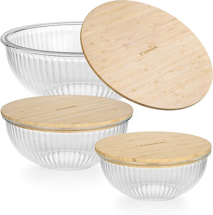 Set of 4 Stackable Space-Saving Nesting Glass Bowls with Airtight Acacia Lids for Lunch, Meal & Food Prep - Microwave & Oven-ready BPA Free Durable Heat Resistant Inert Borosilicate Glass
