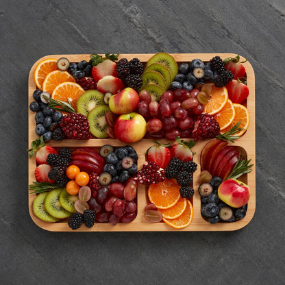 Farberware Build-A-Board Bamboo Cutting Board with Built-In Compartments & Clear Locking Lid, Black Handles, Charcuterie, Snack Tray, Food Prep and Serving Platter