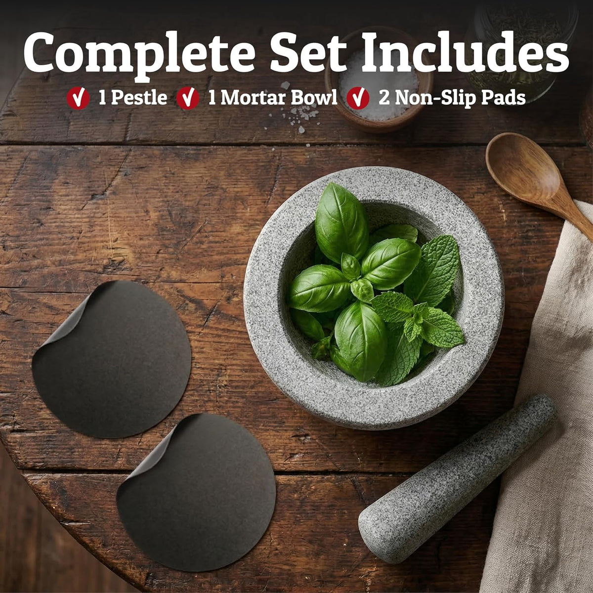 Priority Chef Heavy Duty Large 1.5 Cup Mortar and Pestle Set, 100% Natural Granite, 5.5 Inch Diameter Bowl, 6.2 Inch Pestle, Non-Slip Base, Stone Grinder for Guacamole Salsa Pesto Herbs Spices, Black