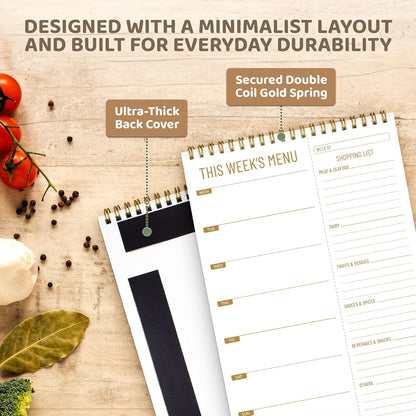 Decorably 52 Sheets Minimalist Undated Magnetic Weekly Meal Planner and Grocery List with 4 Strong Magnets, 7x10in Spring-Bound Refrigerator Mountable, Easy Tear-Off Design