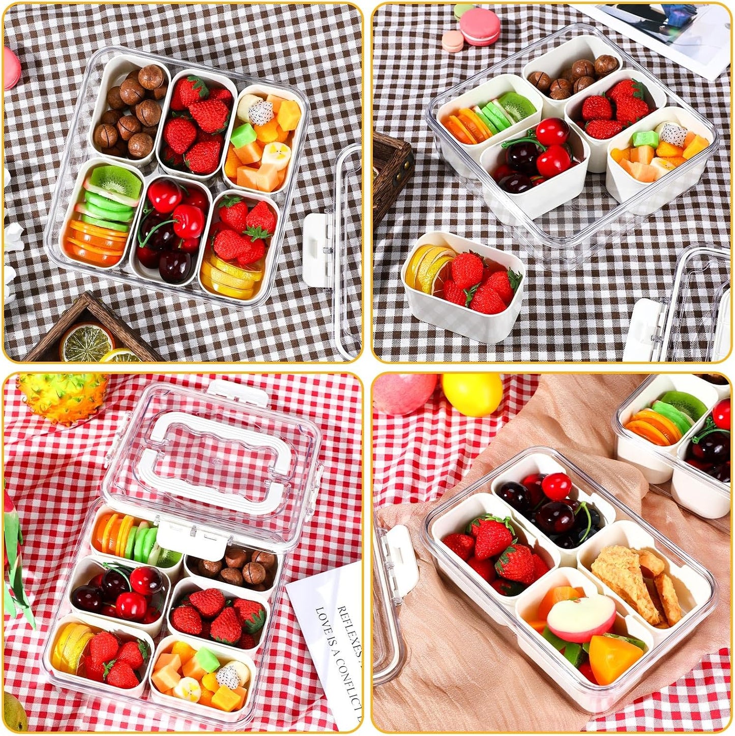 4 Pcs Divided Serving Tray with Lid Snack Box Container Portable Fruit Veggie Tray Charcuterie Container Portable Platter for Candy Fruits Nuts Snack Party Entertaining Picnic