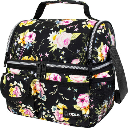 opux Insulated Lunch Bag Women Men, Dual Compartment Leakproof Lunch Box Adults Kids, Double Decker Meal Prep Bento Lunch Cooler Tote with Shoulder Strap for Work Office School Travel, Floral Purple