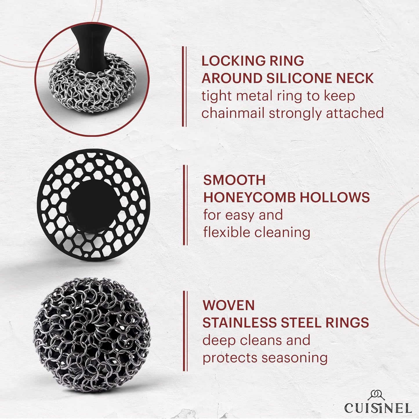 Cuisinel Cast Iron Scrubber Cleaning Brush + Pan/Grill Scraper - Skillet and Grill Cleaner Kit - Soft-Touch Confident-Grip Dish Scrub Tool - Tough on Grease, Gentle on Metal and Non-Stick Cookware