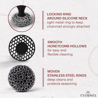 Cuisinel Cast Iron Scrubber Cleaning Brush + Pan/Grill Scraper - Skillet and Grill Cleaner Kit - Soft-Touch Confident-Grip Dish Scrub Tool - Tough on Grease, Gentle on Metal and Non-Stick Cookware